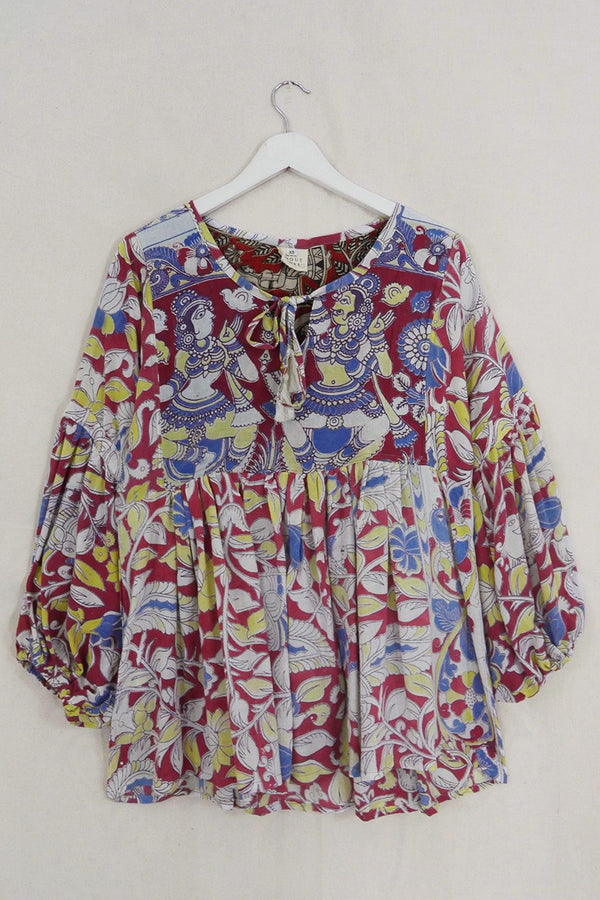 Daisy Smock Top - Claret Red Dancers & Birds - Vintage Cotton - Size XS