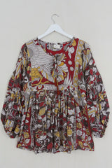 SALE Daisy Smock Top - Brown Sugar & Cherry Peacocks - Vintage Cotton - Size XS