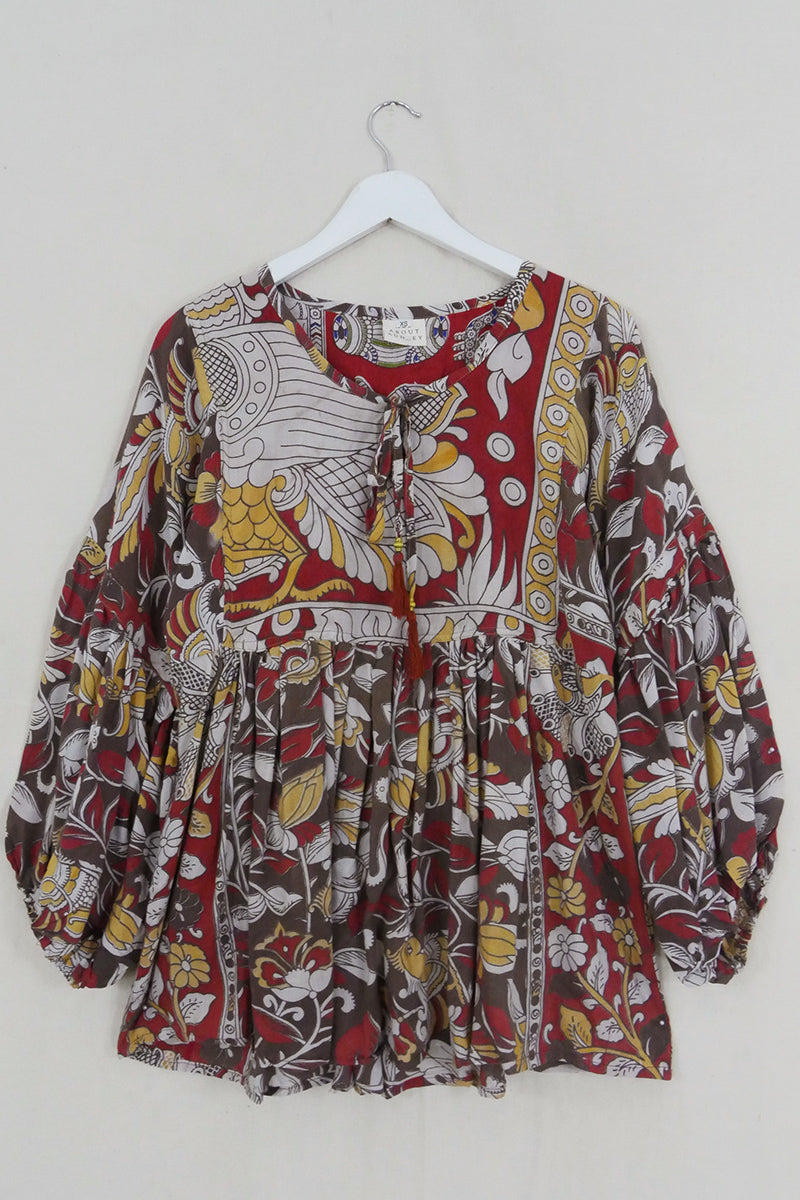 SALE Daisy Smock Top - Brown Sugar & Cherry Peacocks - Vintage Cotton - Size XS