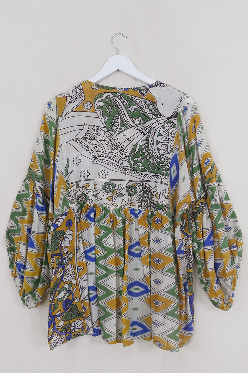 Daisy Smock Top - Mustard & Jungle Green Ikat - Vintage Cotton - Size M/L by All About Audrey