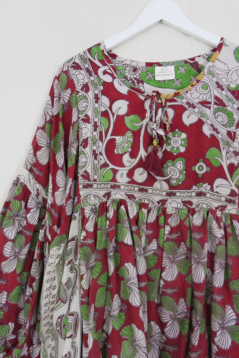 Daisy Smock Top - Cherry & Shiso Hibiscus Bloom - Vintage Cotton - Size M/L by All About Audrey