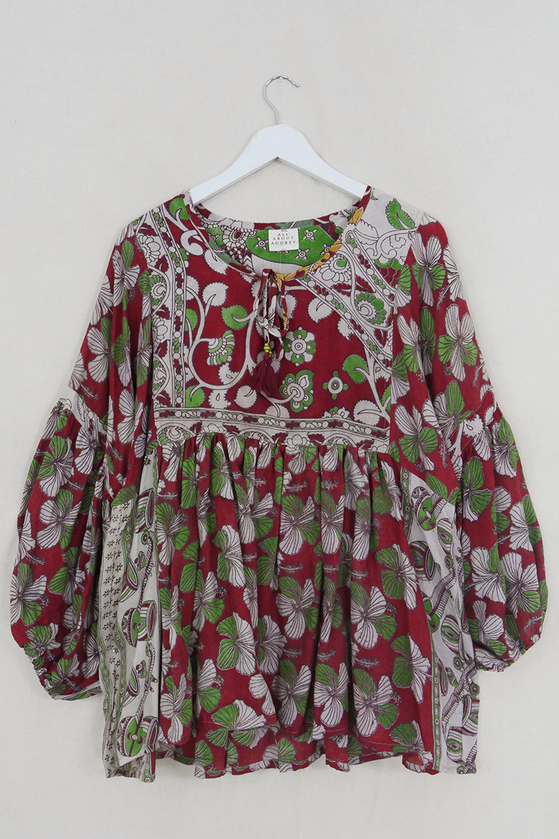 Daisy Smock Top - Cherry & Shiso Hibiscus Bloom - Vintage Cotton - Size M/L by All About Audrey