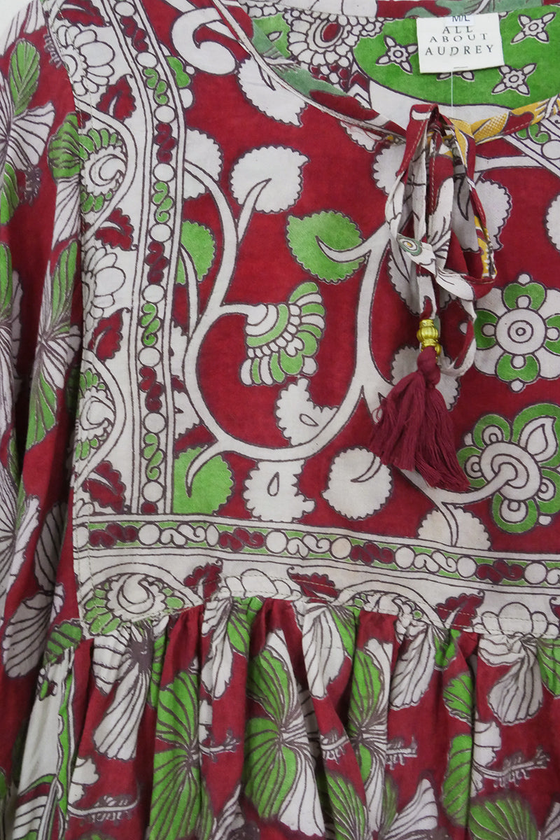 Daisy Smock Top - Cherry & Shiso Hibiscus Bloom - Vintage Cotton - Size M/L by All About Audrey