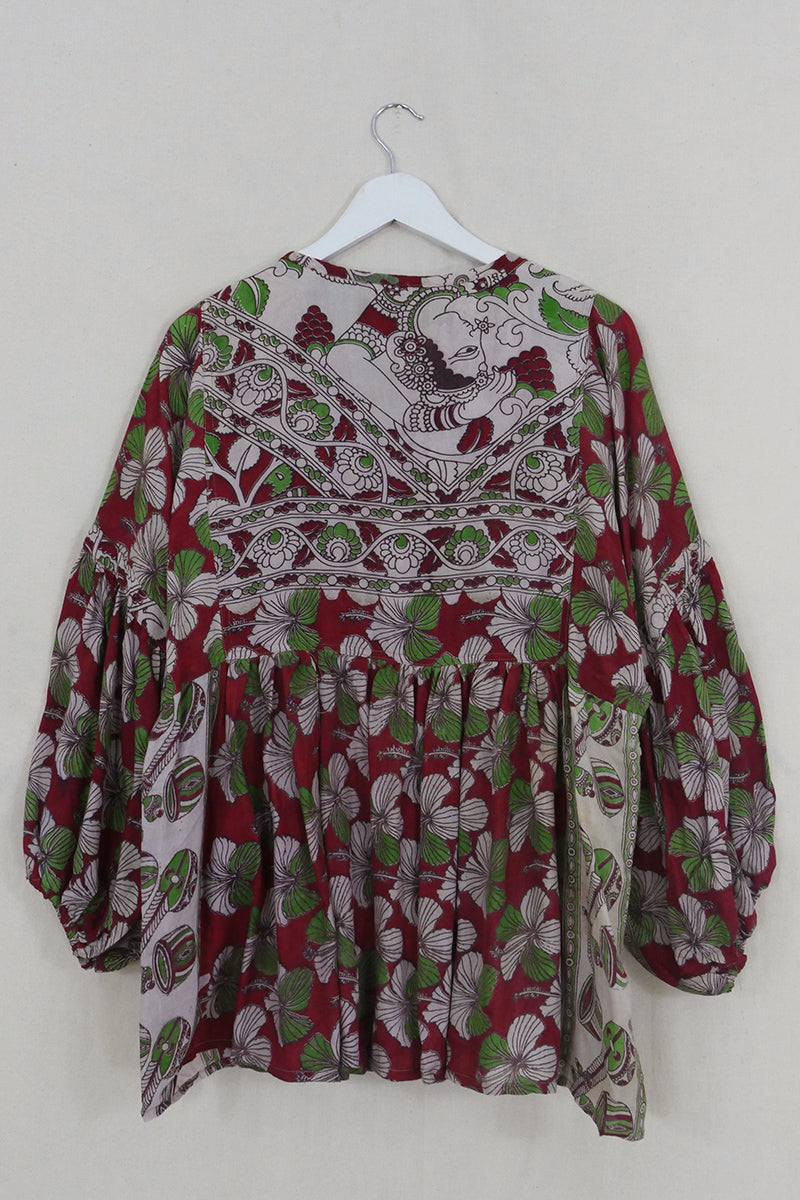 Daisy Smock Top - Cherry & Shiso Hibiscus Bloom - Vintage Cotton - Size M/L by All About Audrey