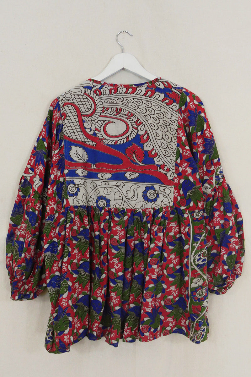 Daisy Smock Top - Cove Blue & Coral Motif - Vintage Cotton - Size M/L by All About Audrey