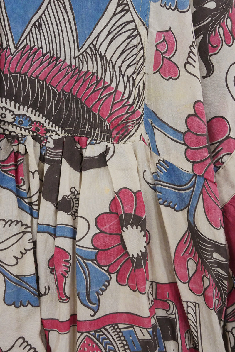 SALE Daisy Smock Top - Blue Stone & Rhubarb Floral - Vintage Cotton - Size M/L