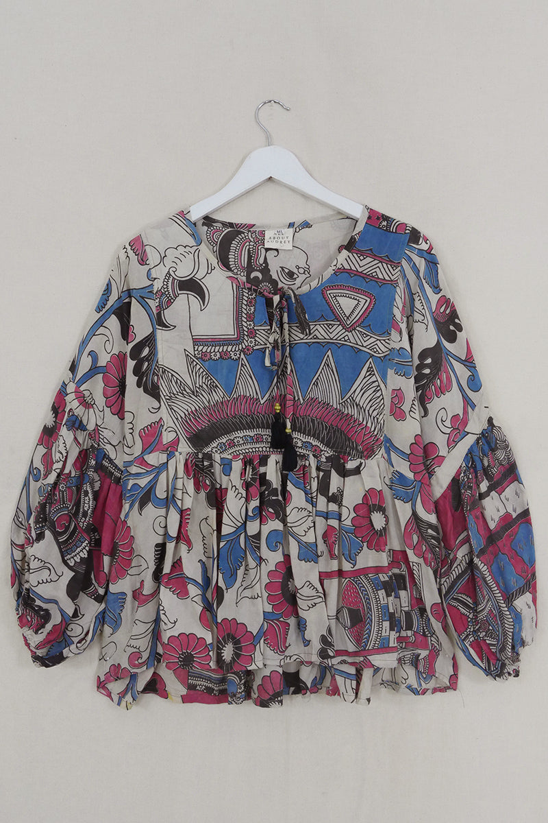 SALE Daisy Smock Top - Blue Stone & Rhubarb Floral - Vintage Cotton - Size M/L by All About Audrey