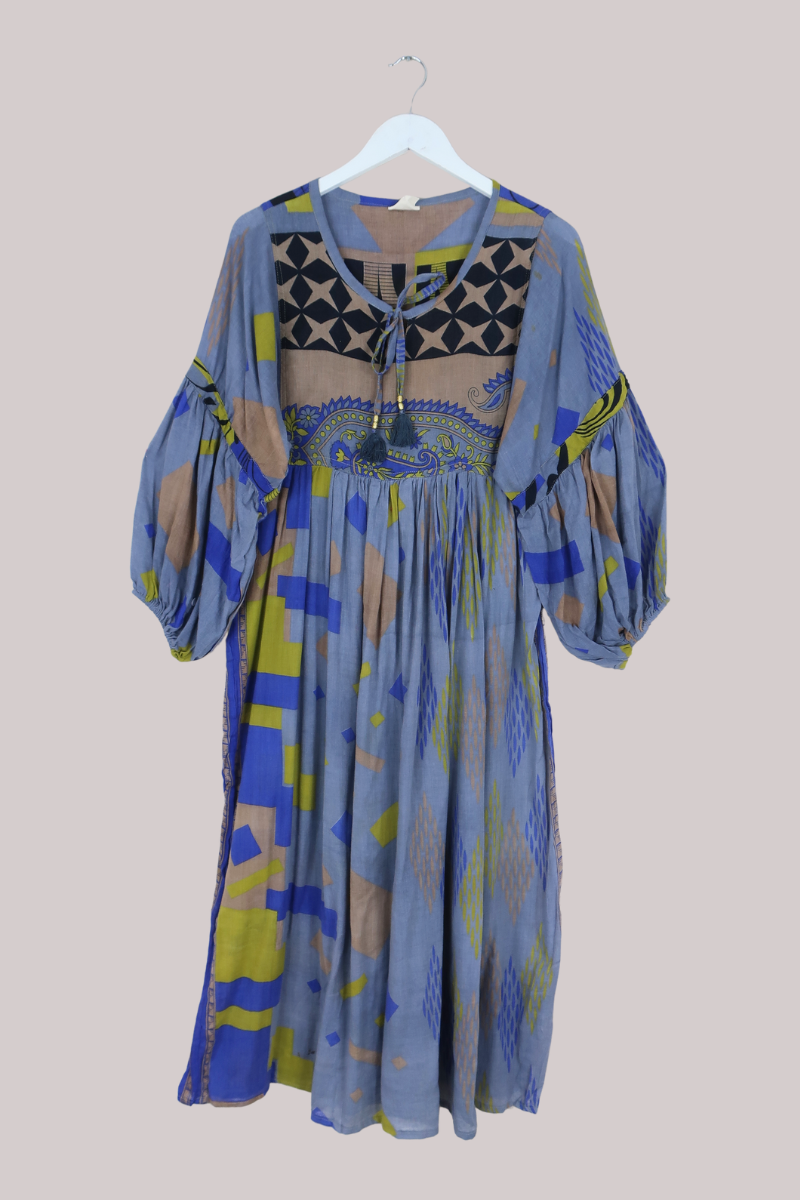Daisy Vintage Cotton Maxi Dress in Steel Blue & Cobalt - Size XS
