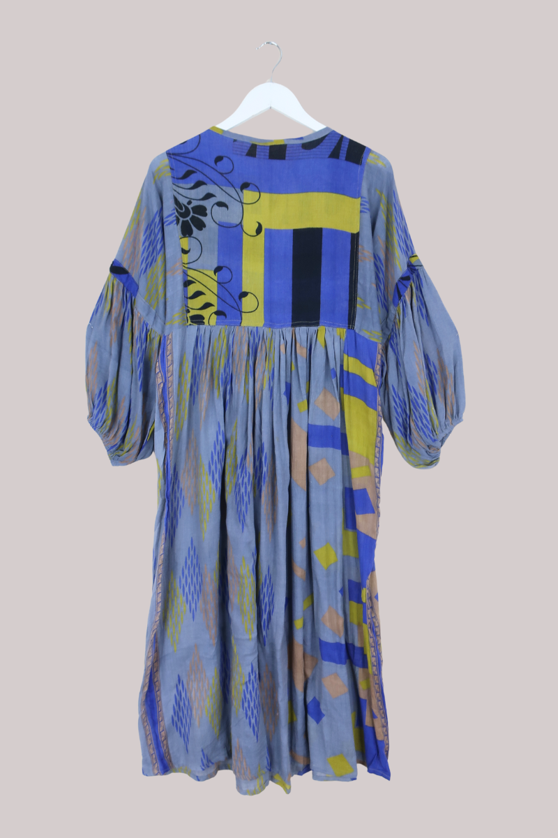 Daisy Vintage Cotton Maxi Dress in Steel Blue & Cobalt - Size XS