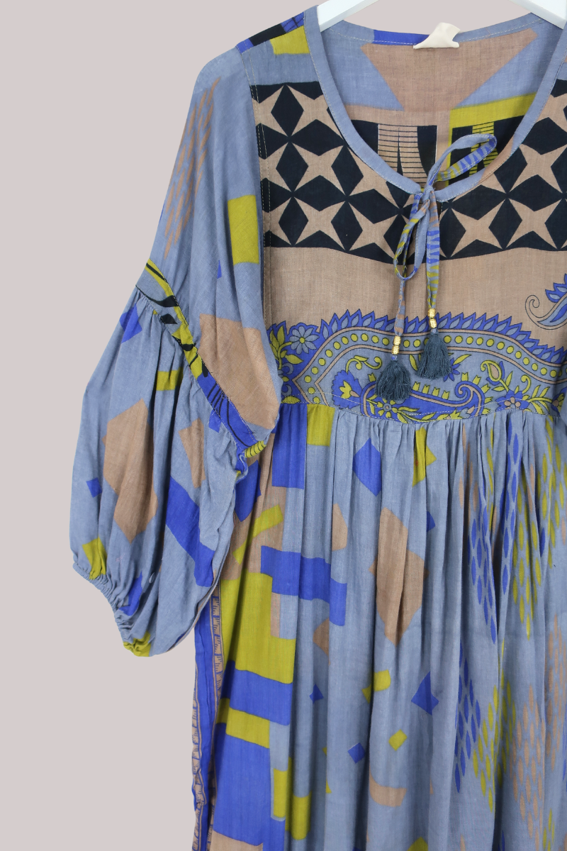 Daisy Vintage Cotton Maxi Dress in Steel Blue & Cobalt - Size XS