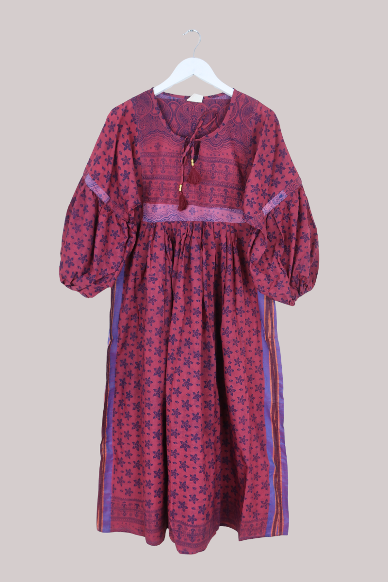 Daisy Vintage Cotton Maxi Dress in Vermillion Pink & Indigo Carved Floral- Size XS