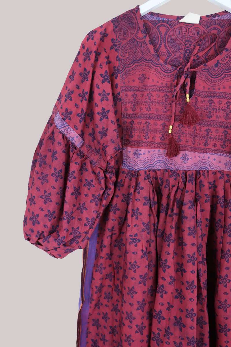 Daisy Vintage Cotton Maxi Dress in Vermillion Pink & Indigo Carved Floral- Size XS