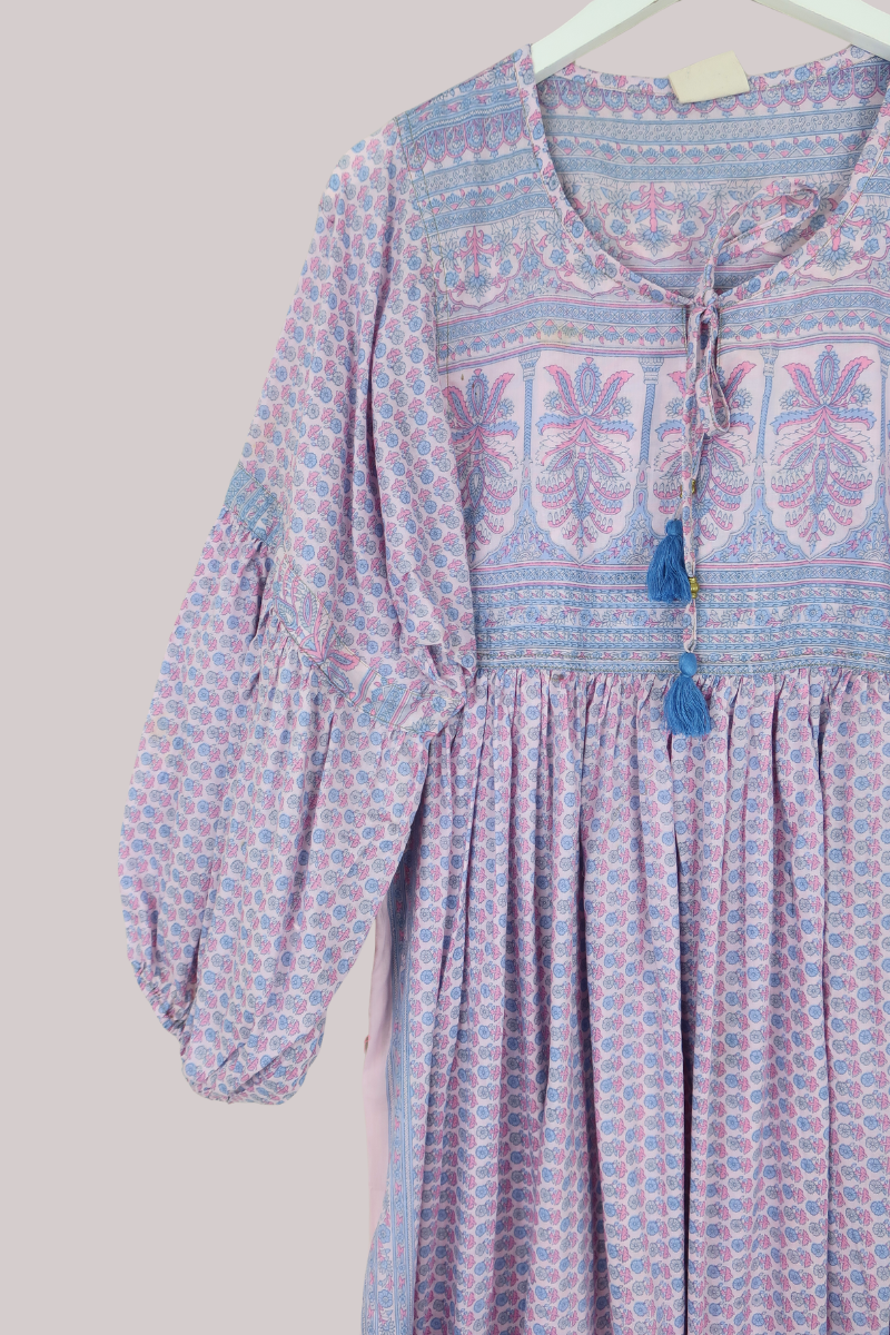Daisy Vintage Cotton Maxi Dress in Baby Pink & Blue Bedspread Floral- Size XS