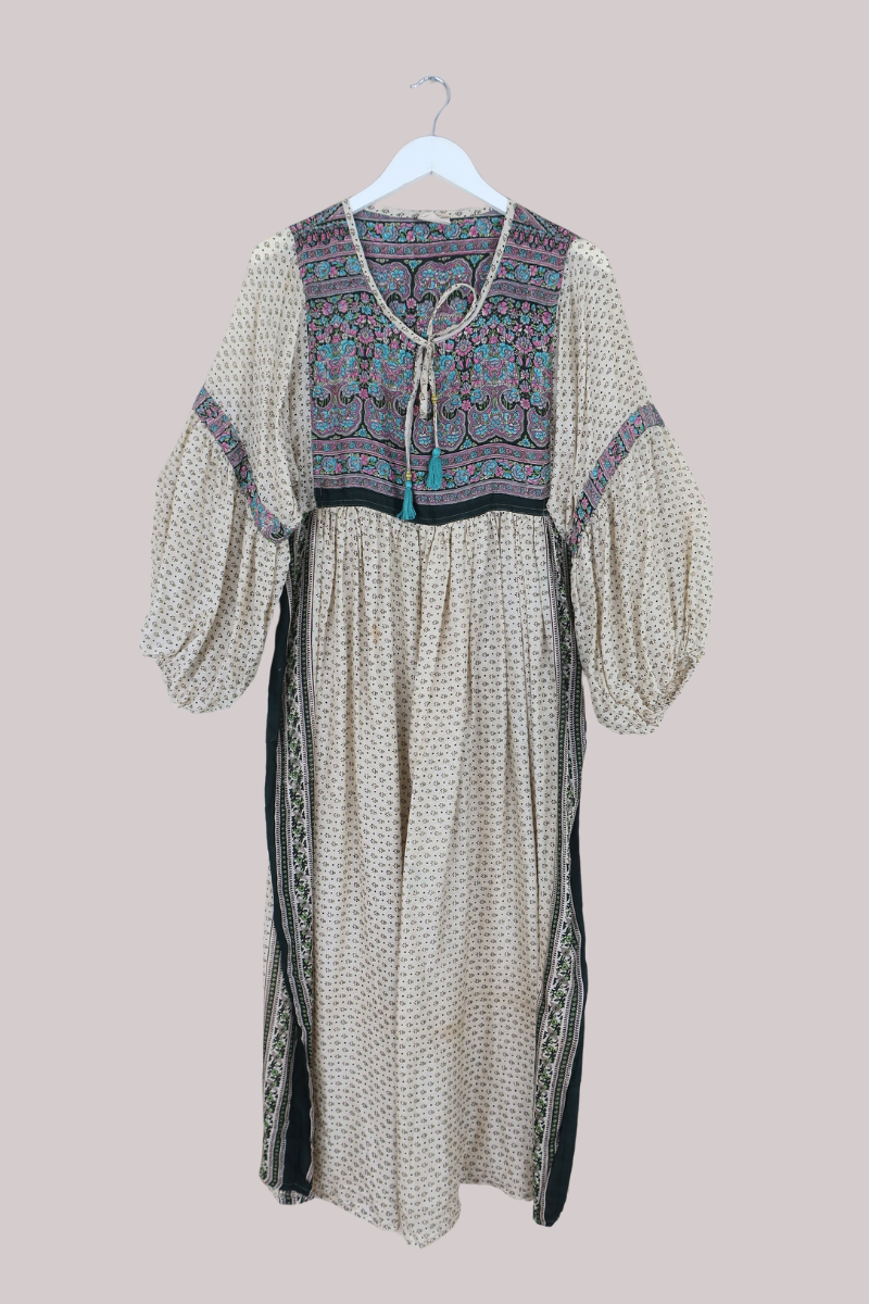 Daisy Vintage Cotton Maxi Dress in Fawn & Forest Green Floral - Size XS