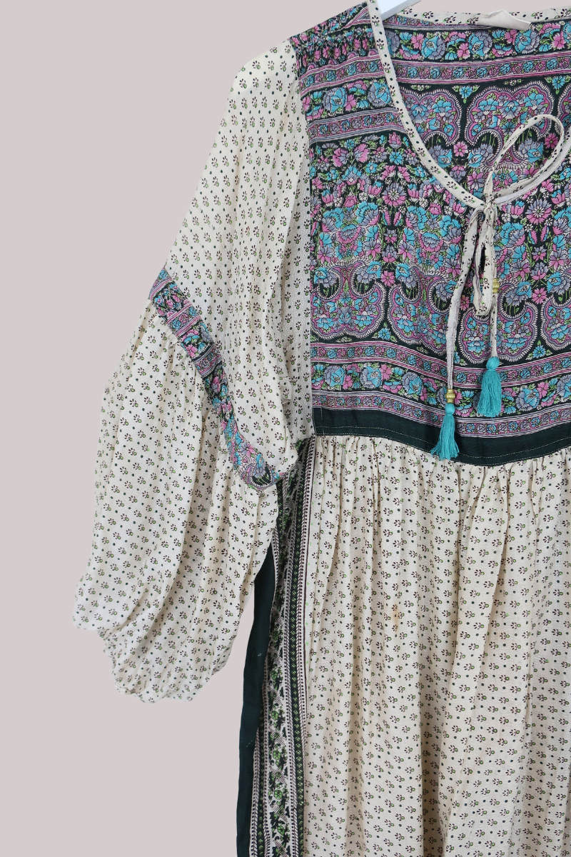 Daisy Vintage Cotton Maxi Dress in Fawn & Forest Green Floral - Size XS