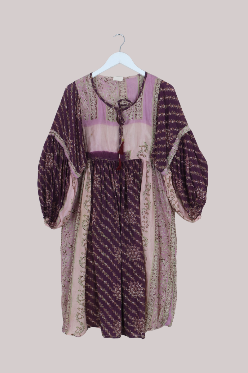 Daisy Vintage Cotton Midi Dress in Plum Purple & Sweet Pink Floral - Size M/L