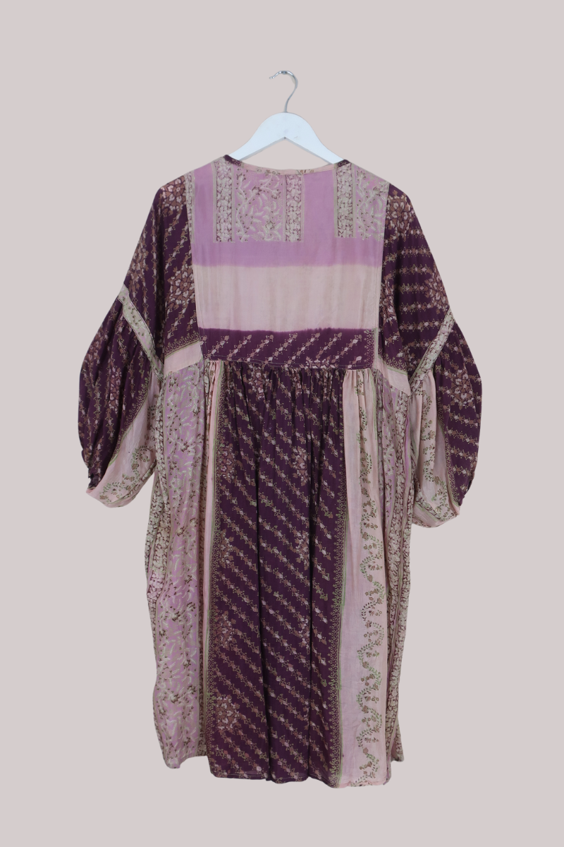 Daisy Vintage Cotton Midi Dress in Plum Purple & Sweet Pink Floral - Size M/L