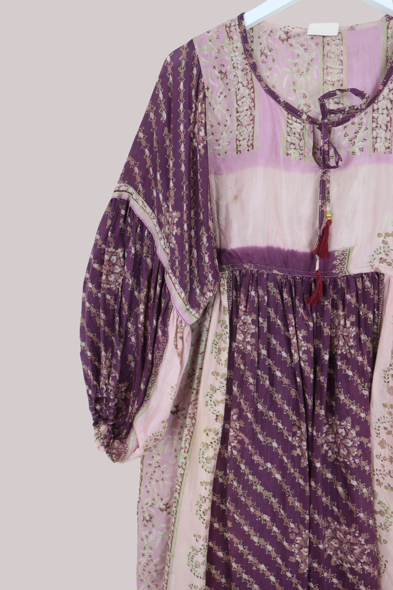 Daisy Vintage Cotton Midi Dress in Plum Purple & Sweet Pink Floral - Size M/L