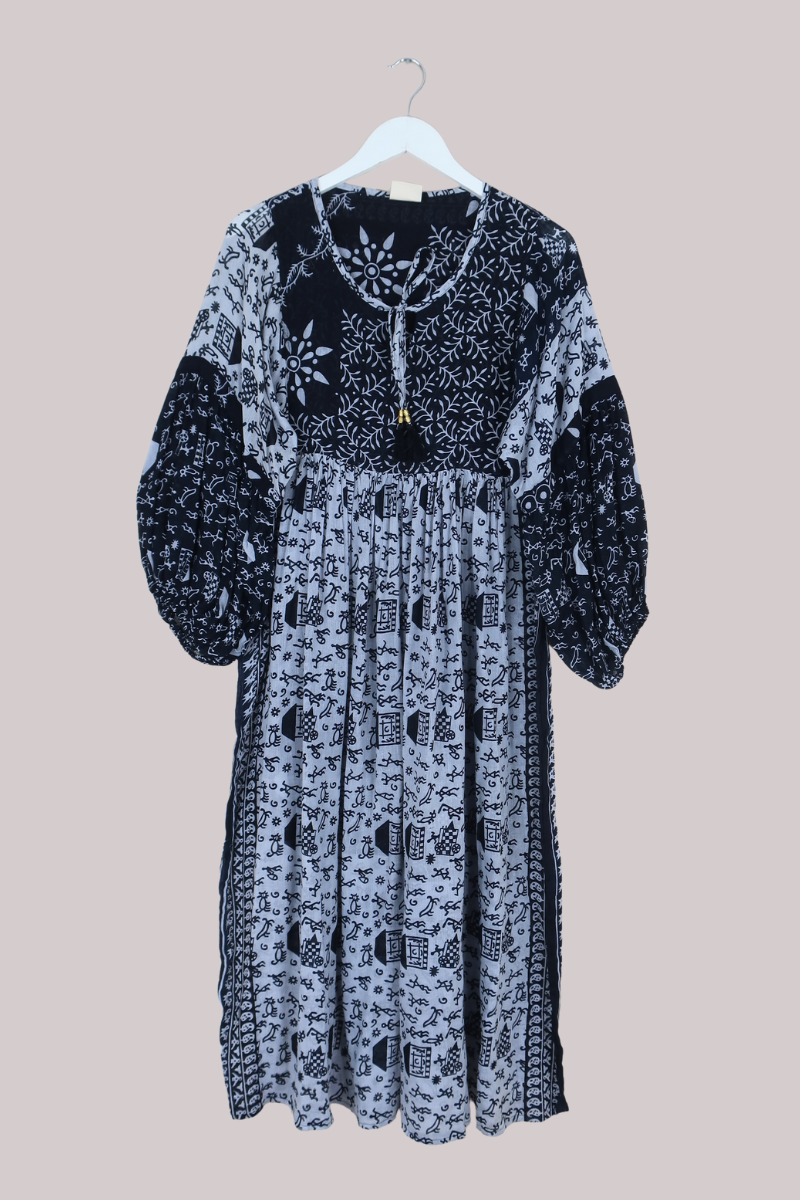 Daisy Vintage Cotton Maxi Dress in Sailor's Blue & Icy White - Size XS