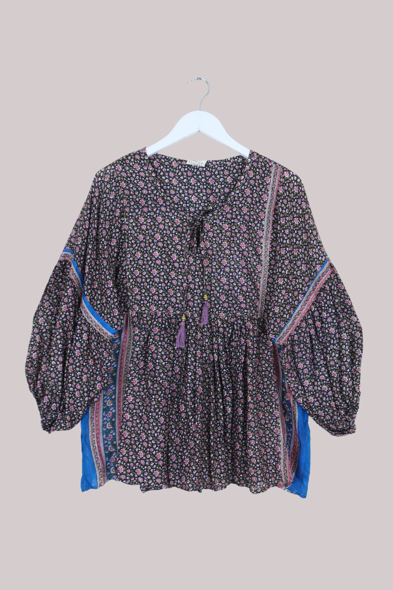 Daisy Vintage Cotton Top in Navy Blue & Pink Blossom - Size M/L