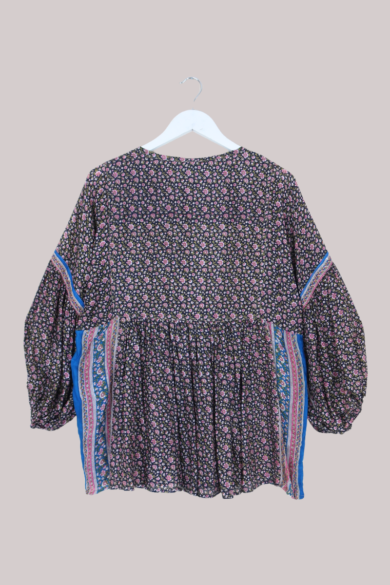 Daisy Vintage Cotton Top in Navy Blue & Pink Blossom - Size M/L