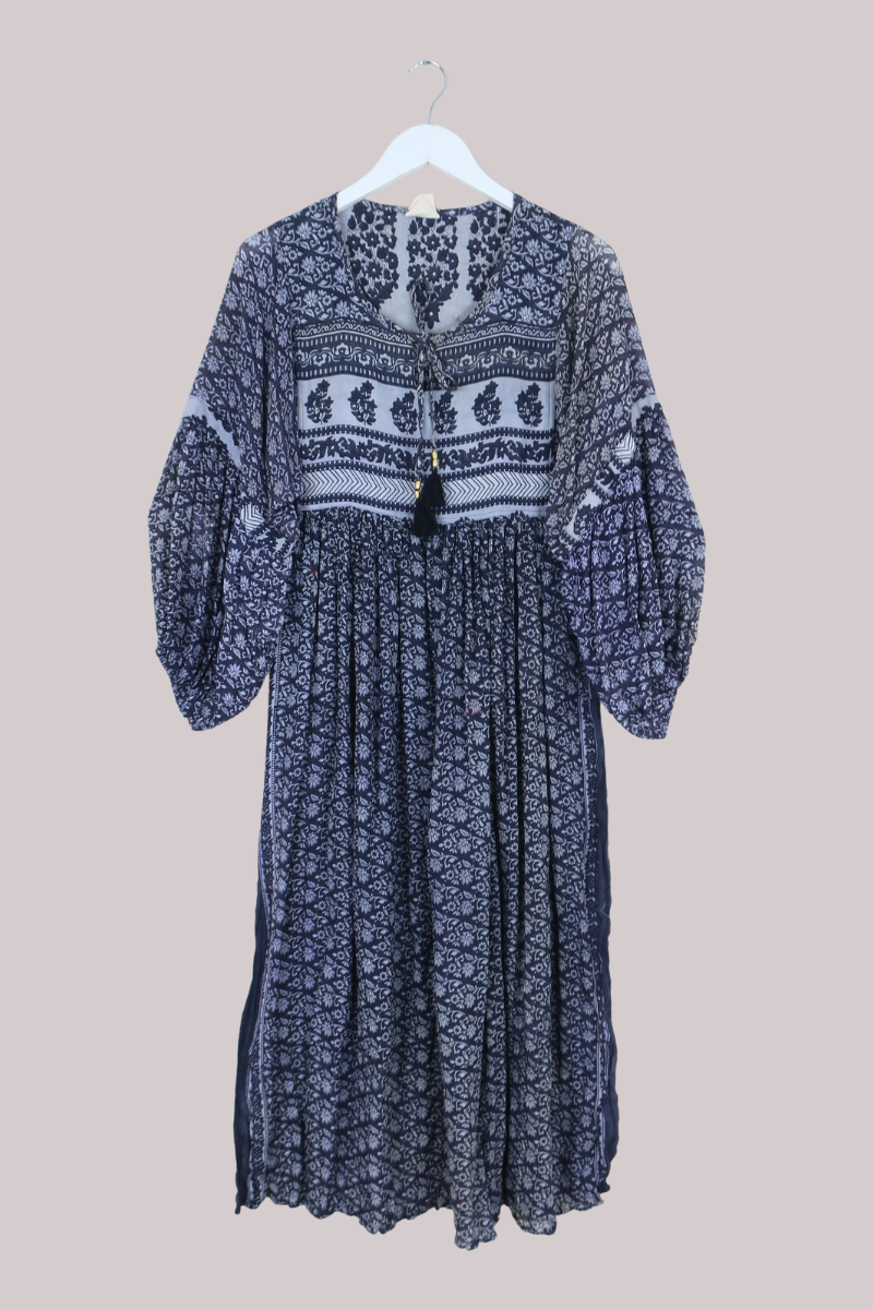 Daisy Vintage Cotton Maxi Dress in Ink Blue Floral Block Print- Size S/M