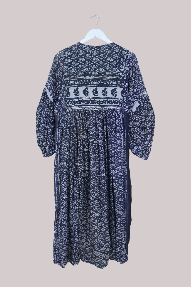 Daisy Vintage Cotton Maxi Dress in Ink Blue Floral Block Print- Size S/M