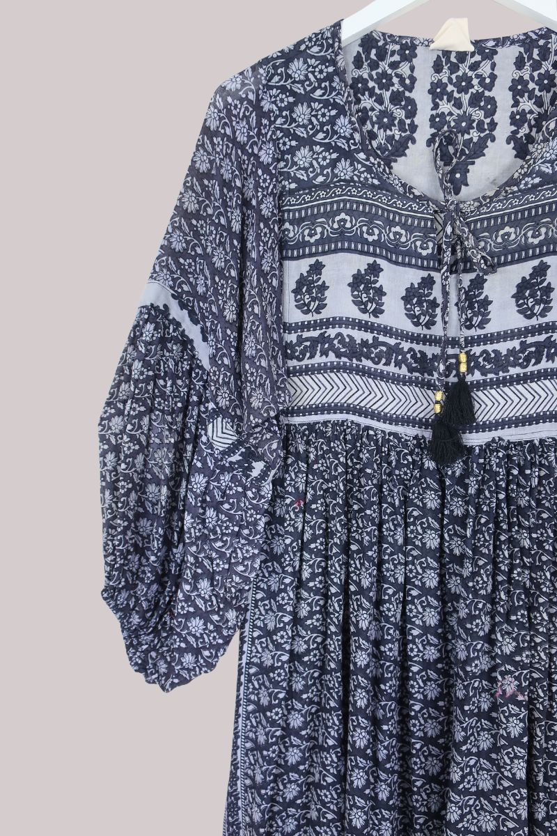 Daisy Vintage Cotton Maxi Dress in Ink Blue Floral Block Print- Size S/M
