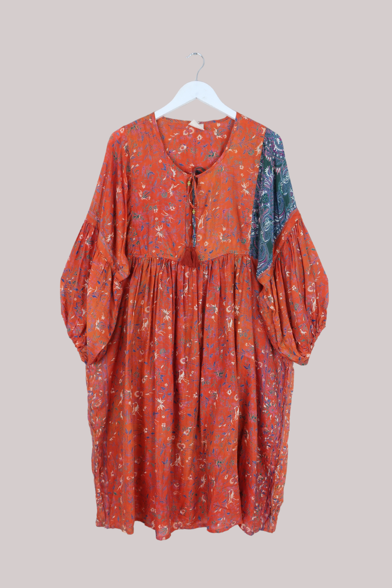 Daisy Vintage Cotton Midi Dress in Morning Star Orange Botanical - Size XXL
