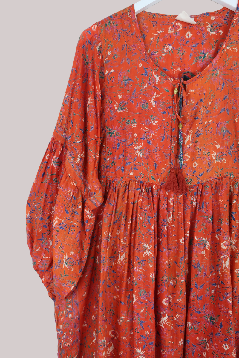Daisy Vintage Cotton Midi Dress in Morning Star Orange Botanical - Size XXL