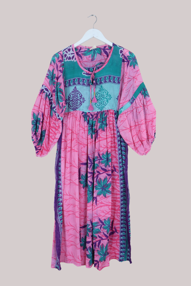 Daisy Vintage Cotton Maxi Dress in Resort Pink & Turquoise - Size S/M