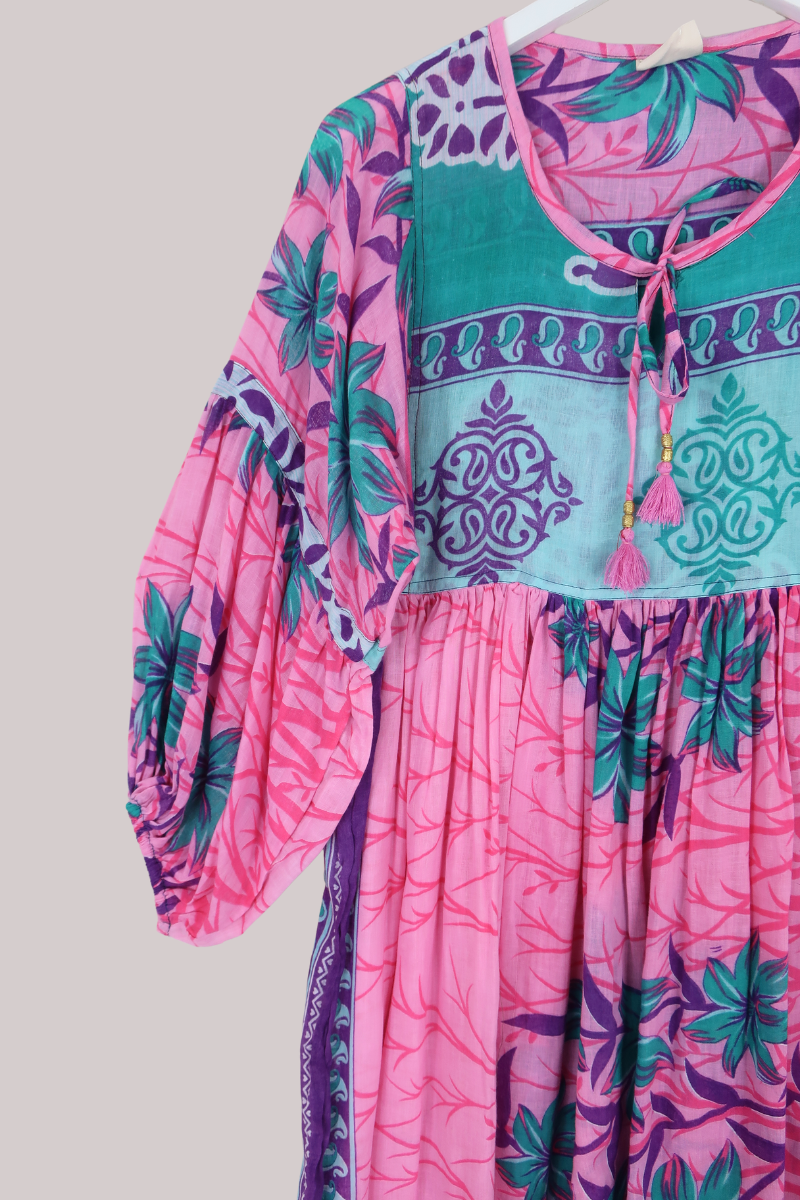 Daisy Vintage Cotton Maxi Dress in Resort Pink & Turquoise - Size S/M