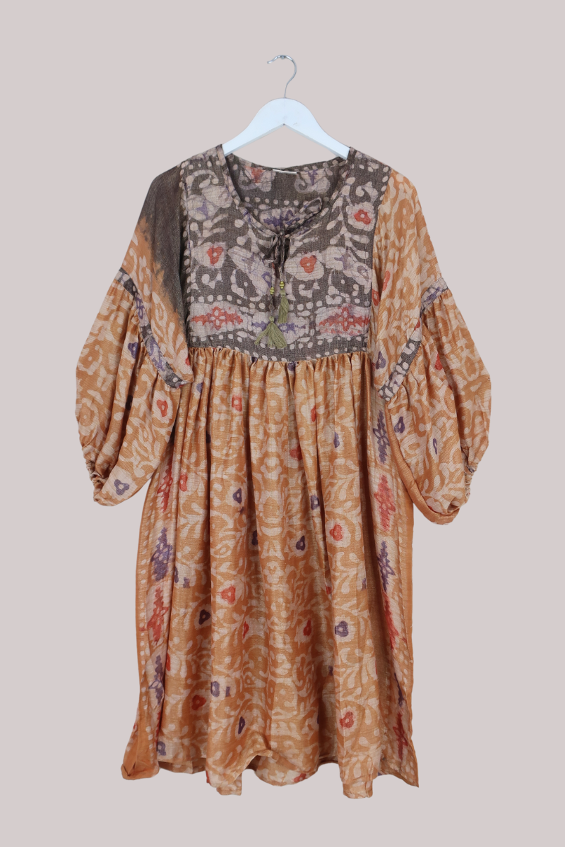 Daisy Vintage Cotton Midi Dress in Sandstone Orange Batik - Size M/L
