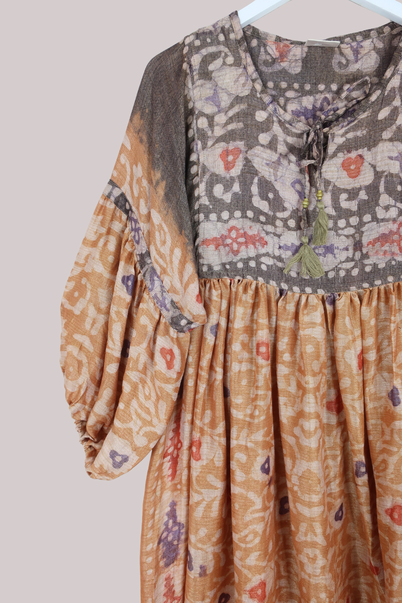 Daisy Vintage Cotton Midi Dress in Sandstone Orange Batik - Size M/L