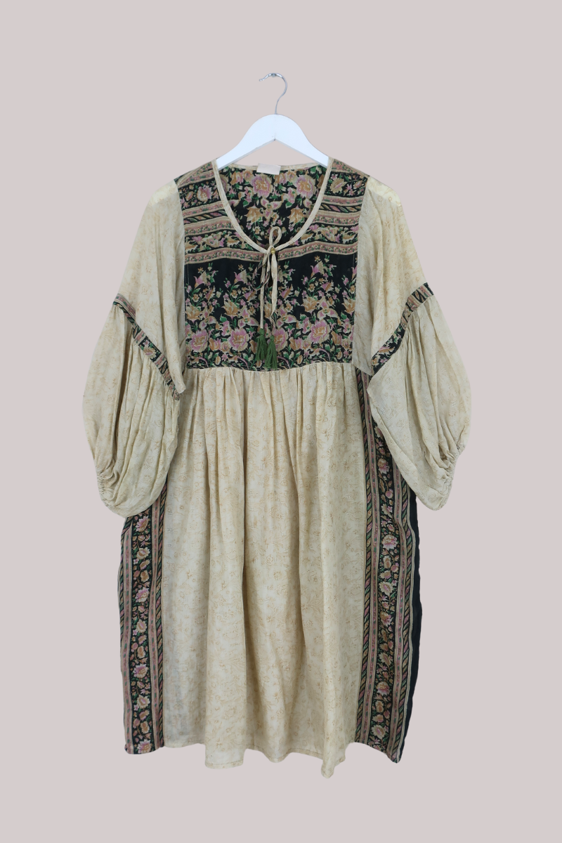 Daisy Vintage Cotton Midi Dress in Ivory & Black Antique Floral - Size L/XL