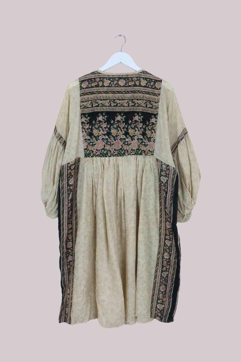 Daisy Vintage Cotton Midi Dress in Ivory & Black Antique Floral - Size L/XL