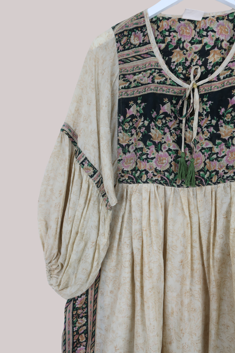 Daisy Vintage Cotton Midi Dress in Ivory & Black Antique Floral - Size L/XL