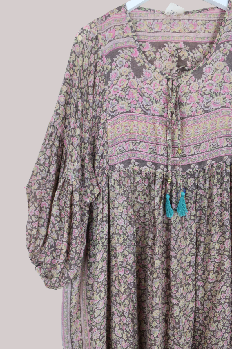 Daisy Vintage Cotton Maxi Dress in Elm Brown & Spring Meadow - Size XXL