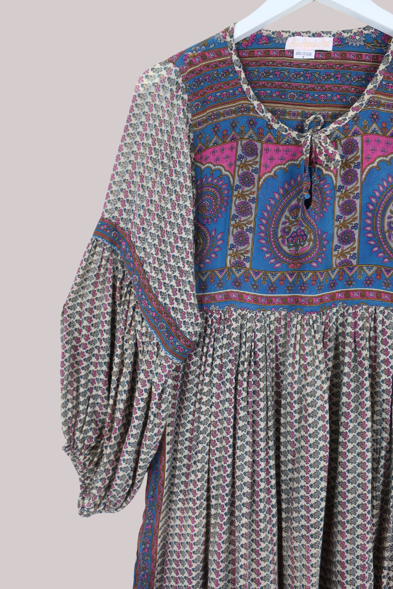 Daisy Vintage Cotton Midi Dress in Cream with Floral Wisps - Size S/M