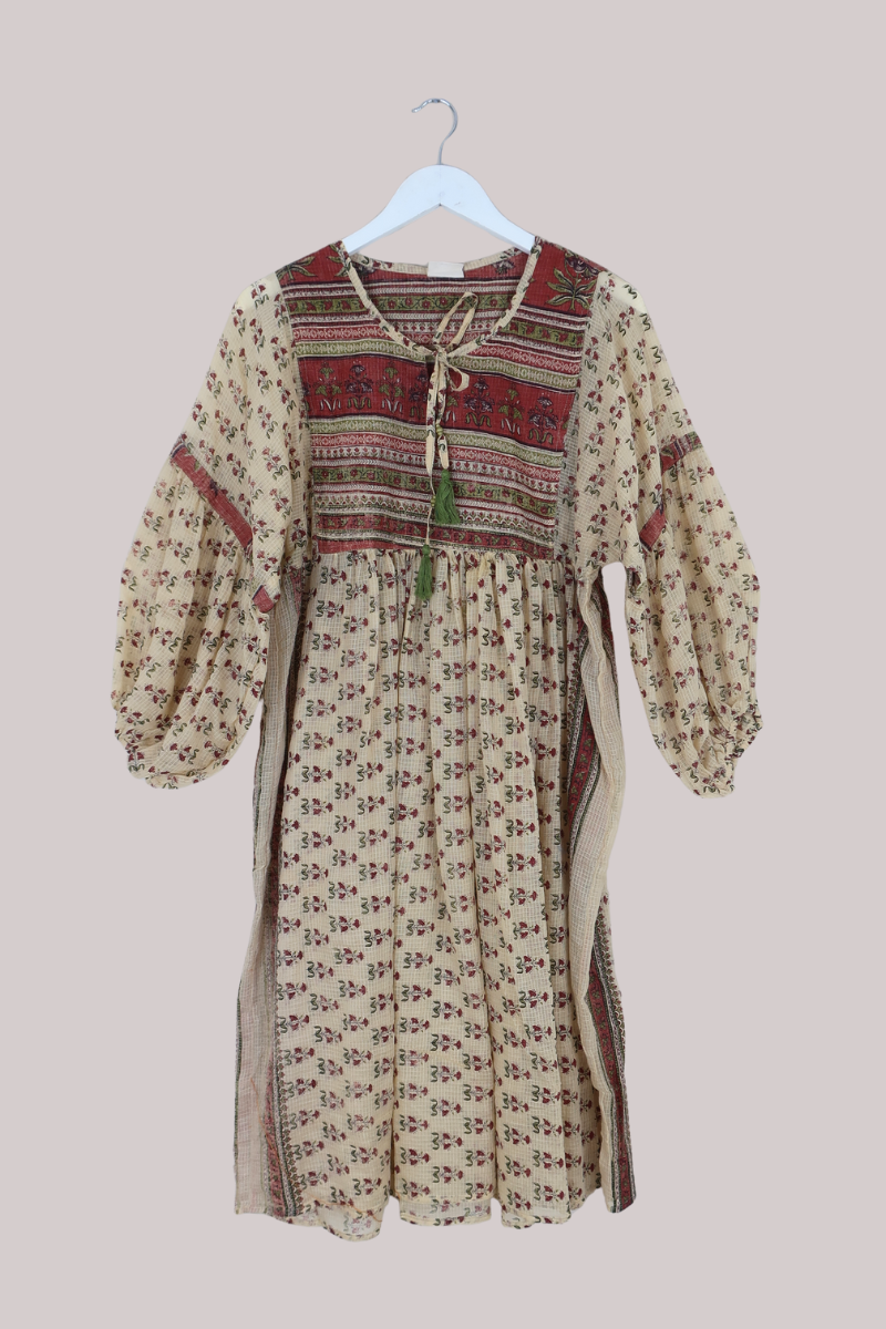 Daisy Vintage Cotton Midi Dress in Parchment & Rust Floral - Size M/L