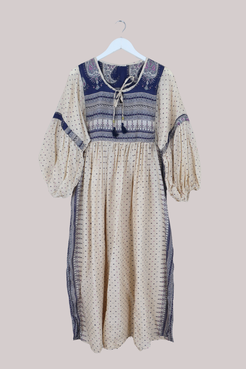 Daisy Vintage Cotton Maxi Dress in Sapphire Blue & Ivory Floral - Size XS