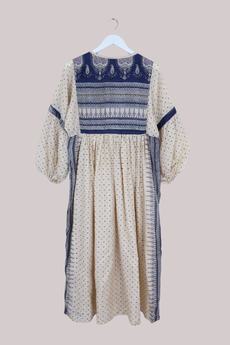 Daisy Vintage Cotton Maxi Dress in Sapphire Blue & Ivory Floral - Size XS