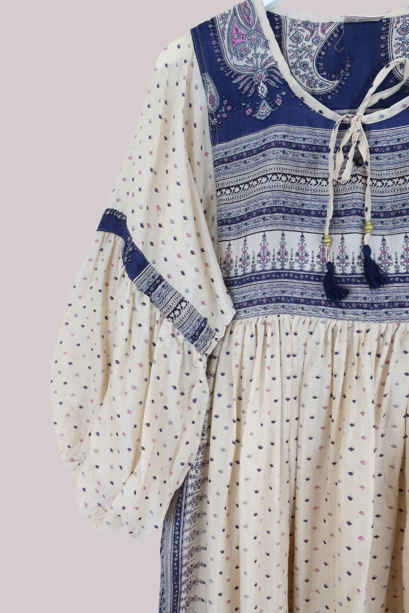 Daisy Vintage Cotton Maxi Dress in Sapphire Blue & Ivory Floral - Size XS