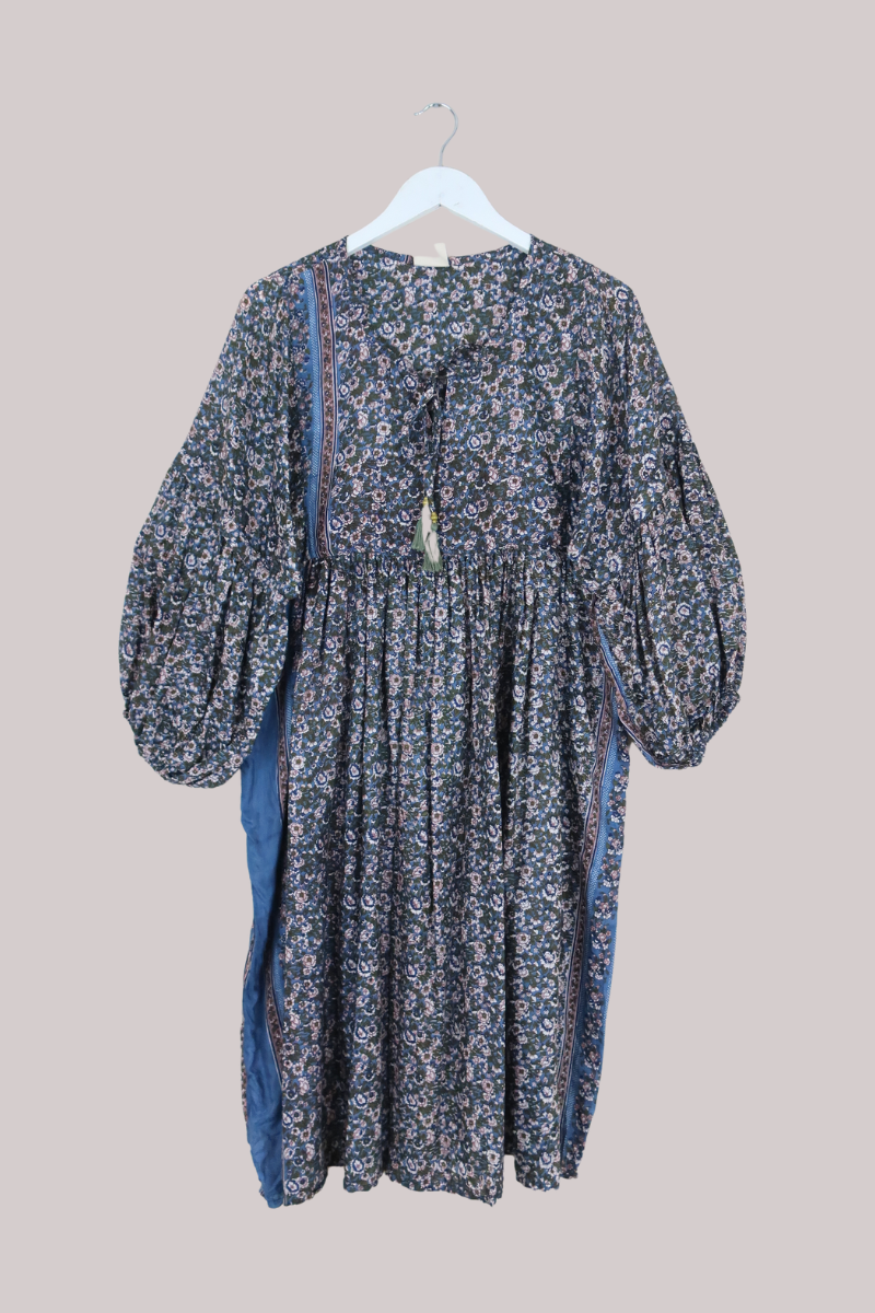 Daisy Vintage Cotton Midi Dress in Jean Blue & Juniper Green - Size M/L