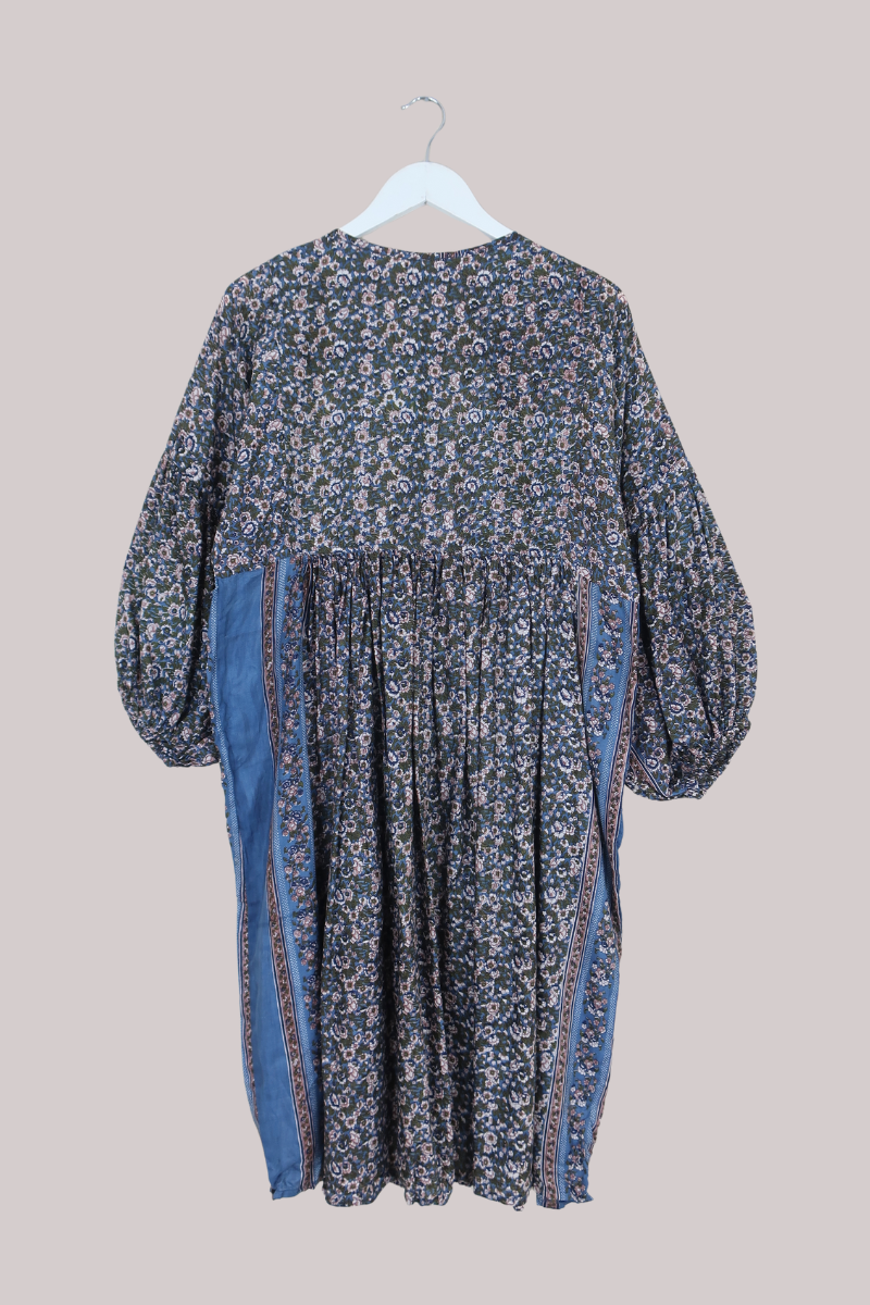 Daisy Vintage Cotton Midi Dress in Jean Blue & Juniper Green - Size M/L