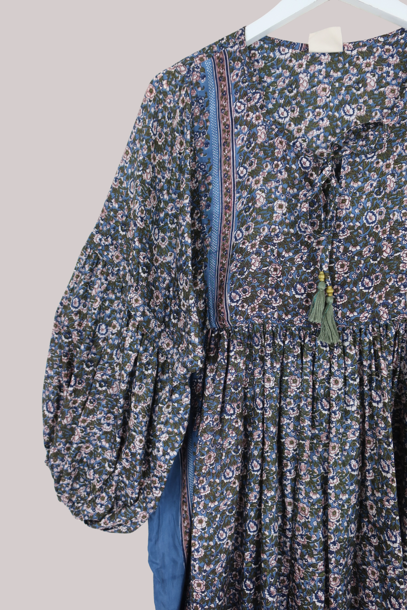 Daisy Vintage Cotton Midi Dress in Jean Blue & Juniper Green - Size M/L