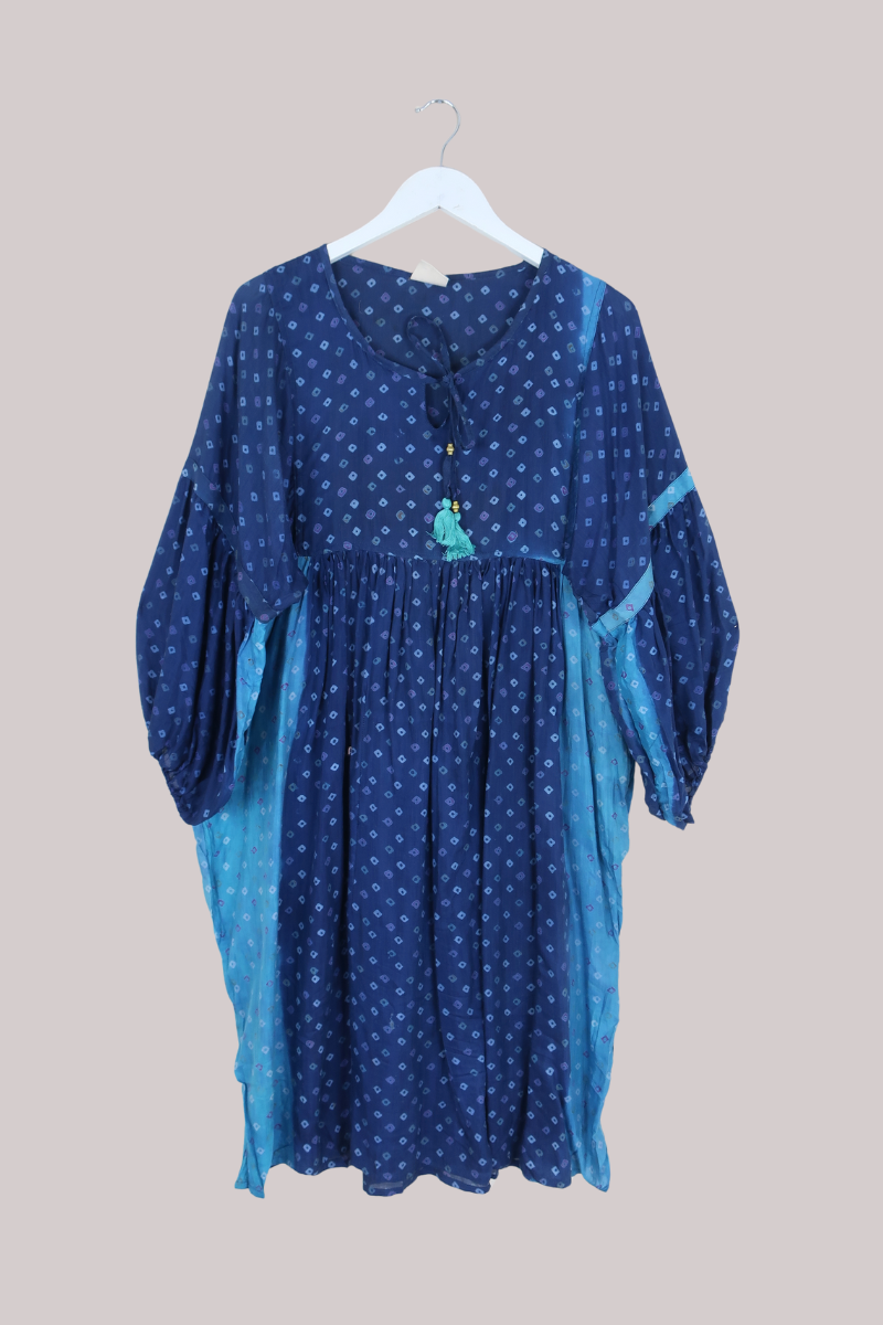 Daisy Vintage Cotton Midi Dress in Oceanic Blue Mosaic - Size M/L