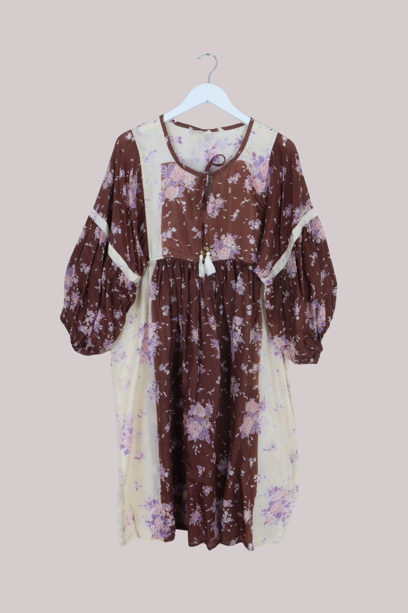 Daisy Vintage Cotton Midi Dress in Bronze & Cream Pastel Floral - Size M/L