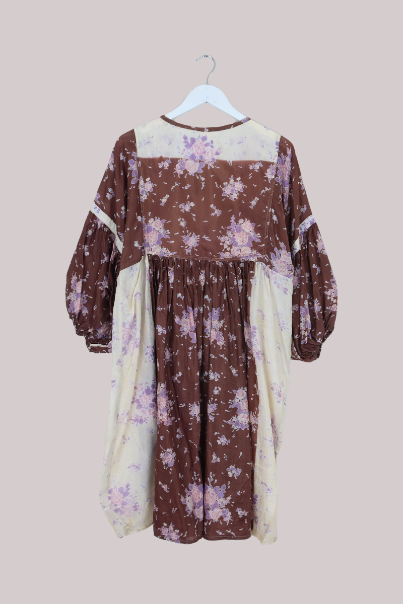 Daisy Vintage Cotton Midi Dress in Bronze & Cream Pastel Floral - Size M/L