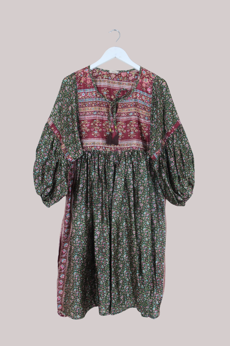 Daisy Vintage Cotton Midi Dress in Forest Nymph Green & Cherry Floral - Size M/L